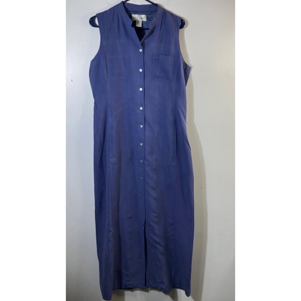Womens Vintage Casual Corner Sleeveless Silk Button Maxi Midi Dress 12 Blue